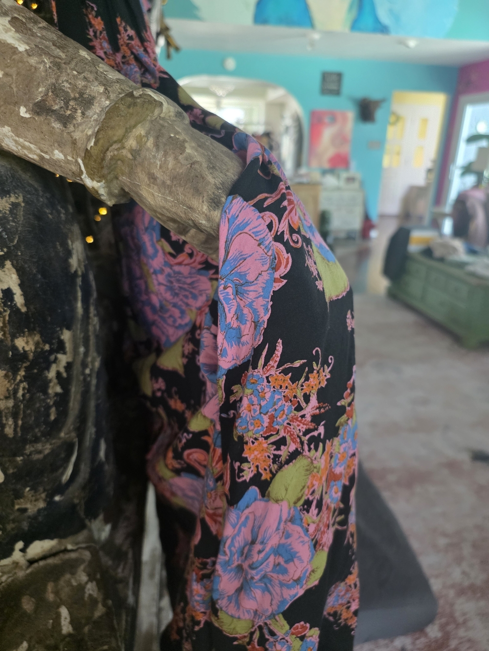 Free People Black Flowers Floral Swing Dress with Pink & Blue Flowers - Picture 7 of 11